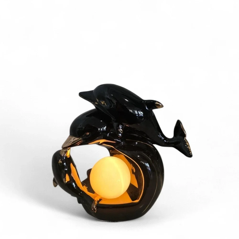 Vintage Dolphins TV Lamp 50's Black And Gold mcm Working Unique Gift